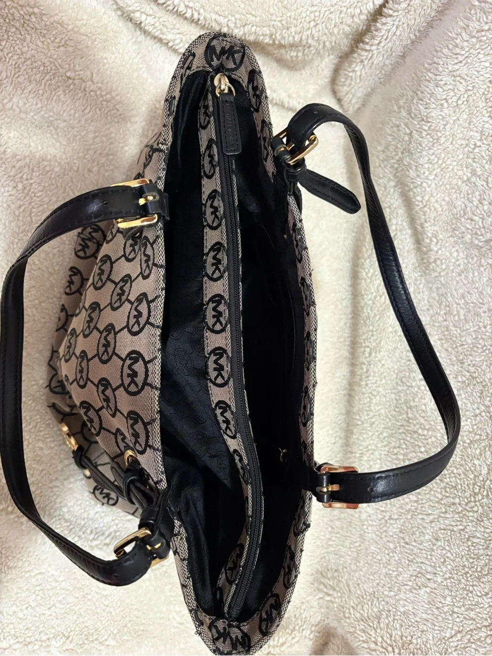 Michael Kors Beige and Black MK Logo Tote with Gold Charm